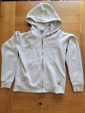 Carhartt Ivory Embroidered Logo Full Zip Thick Hoodie Hooded Sweatshirt Size S